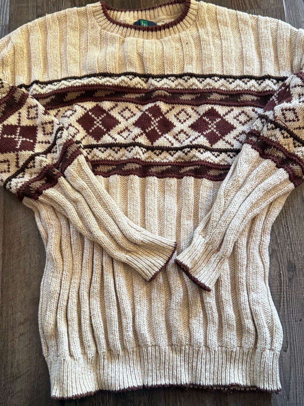 Cream and Brown Nordic Pattern Ribbed Men’s Sweater